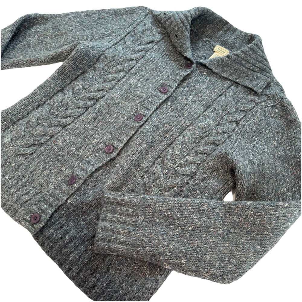 LL Bean Blue Gray Cable Marled Collar Button Wool Blend Cardigan Sweater MEDIUM